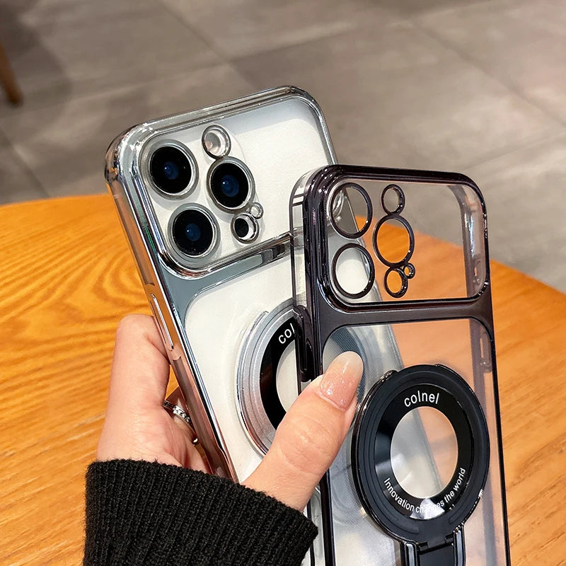 For Magsafe Wireless Charging Case For iPhone 17 Pro Max 17e 16e 14 15 13 12 11 16 Plus Transparent Plating Ring Holder Cover