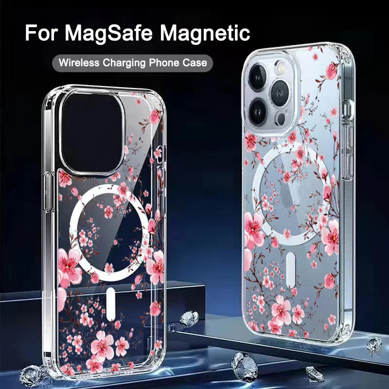 Flower Peach Blossom Phone Case For iPhone 15 14 17 13 12 11 16 Pro Max For Magsafe Shockproof Transparent Silicone Soft Funda