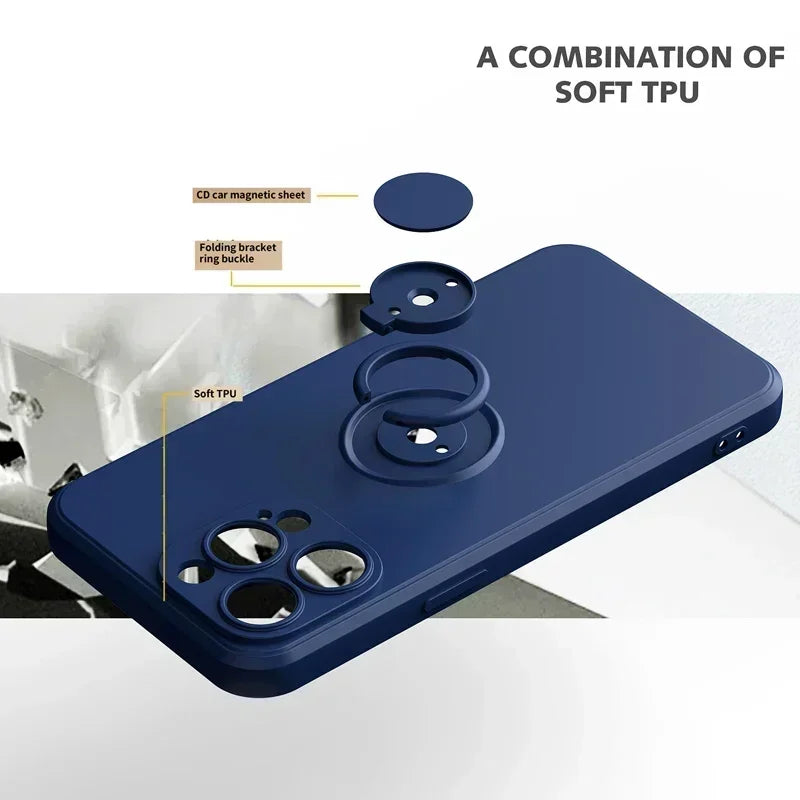 Liquid Silicone Case For iPhone 17 16 16e 15 13 Mini 14 12 11 Pro Max Plus Phone Holder Ring Stand Protect Cover Wrist Strap