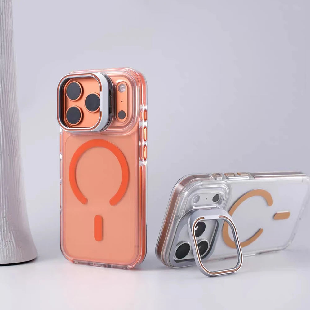for Magsafe Hit Frame Magnetic Clear Case For iPhone Air 17 Pro Max 17p 16 15 14 Pro Alloy Bracket Stand Anti-Drop Bumper Cover