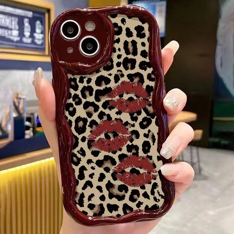 Cute Luxury Leopard Print Novelty Case For iPhone 17 16 15 14 13 12 11 Pro Max Plus 16e 17e Lip Painted Cartoon Wavy Soft Cover