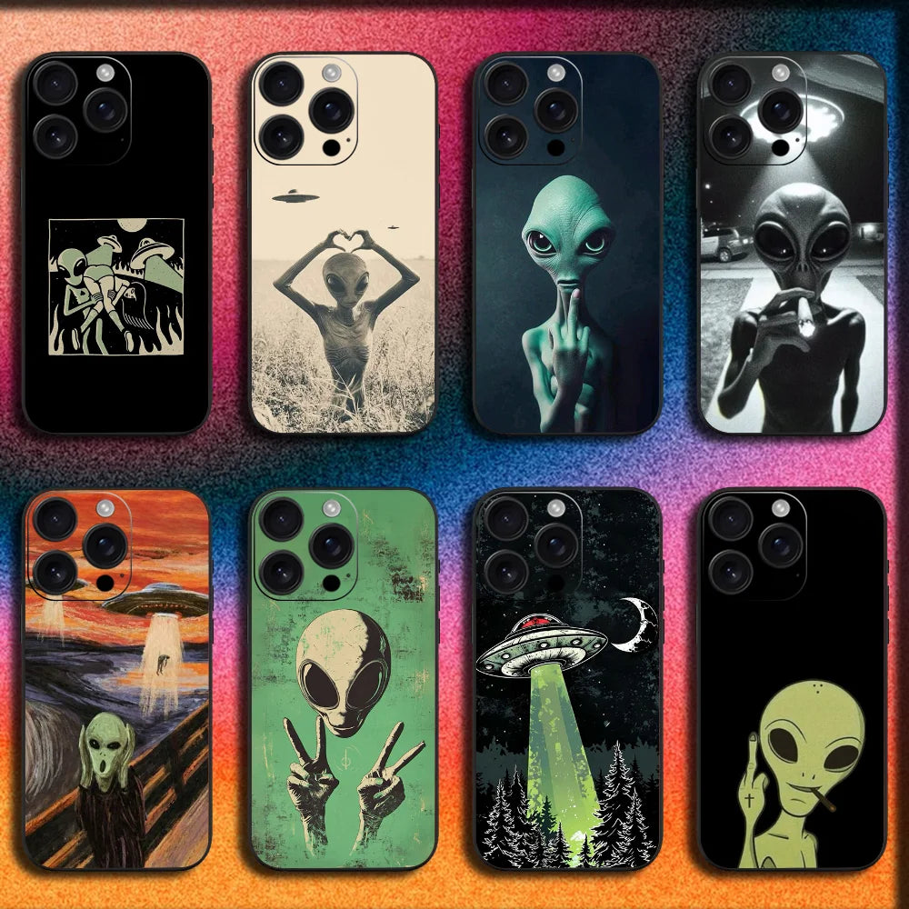 Funny Space UFO Alien Thing Phone Case For iPhone 16,15,14,13,12,11,Pro,XS,Max,XR,Plus,E,Mini Soft Black Cover