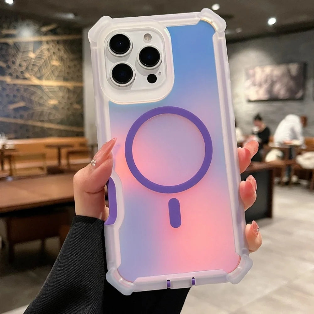 Luxury for Magsafe Laser Dazzling Armor Case For iPhone 17 16 15 14 13 Pro Max Wireless Charging Dual Layer Protection Cover