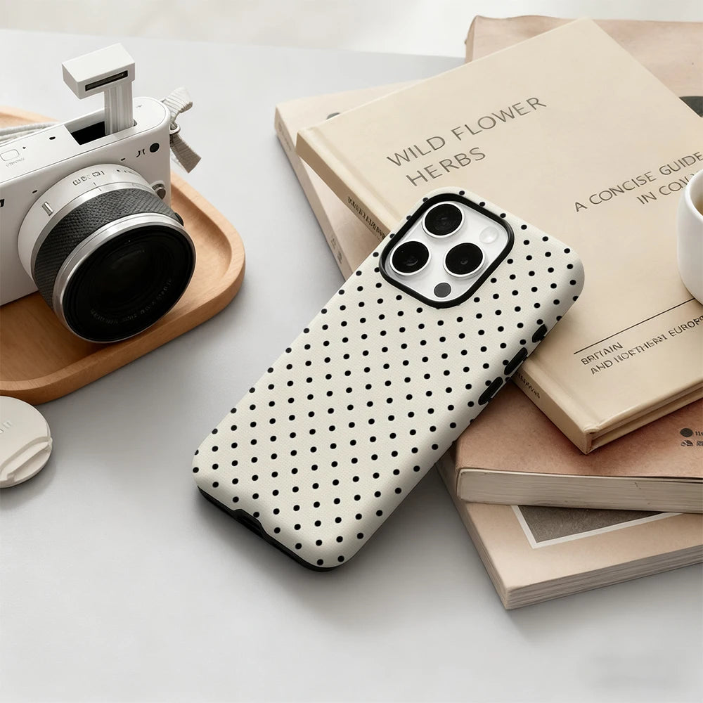 Classic Black Polka Dots Cream Phone Case for iPhone 17 16 15 14 13 12 11 X XS 8 Air Pro Max Plus Luxury Double-layer Back Cover
