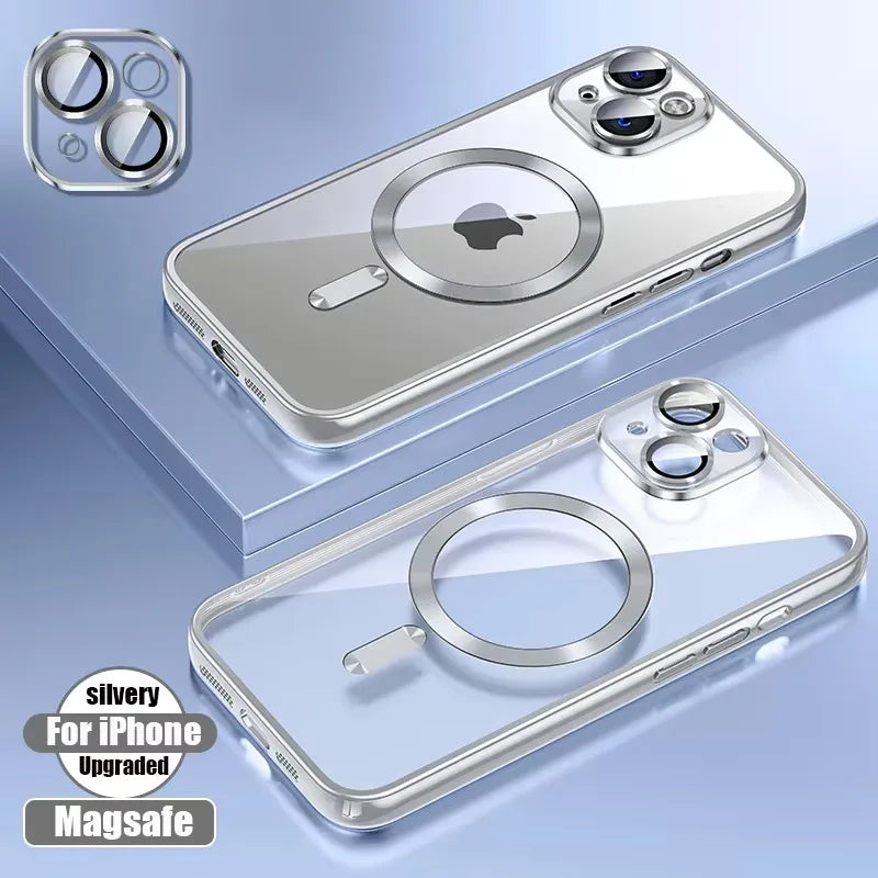Luxury Plating Case For iPhone 16 15 14 11 13 12 Pro Max Wireless Clear Charge Magnetic Soft Cover Camera Lens Protector