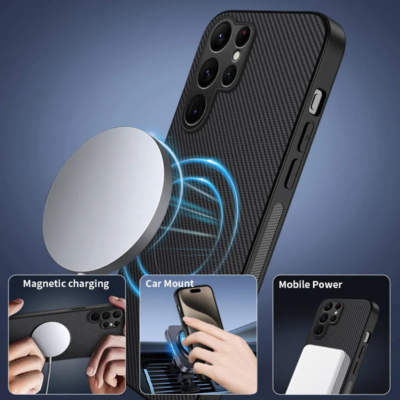 Carbon Fiber Texture Wireless Charging Magnetic Case For Samsung Galaxy S26 Ultra S26Plus 5G ShockProof Phone Cover