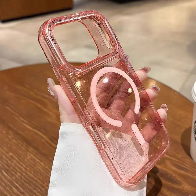 Sparkling Glitter For Magsafe Magnetic Phone Case For iPhone 17 16 15 14 13 Pro Max Clear Hard Acrylic Wireless Charging Cover