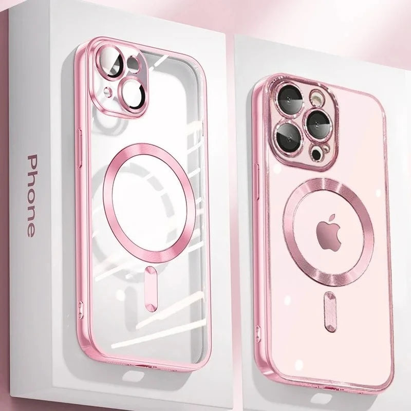 Clear Plating Ultrathin Silicone Case For iPhone 17 Air 16 15 14 13 12 11 Pro Max Magsafe Magnetic Lens Film Protect Cover Pink