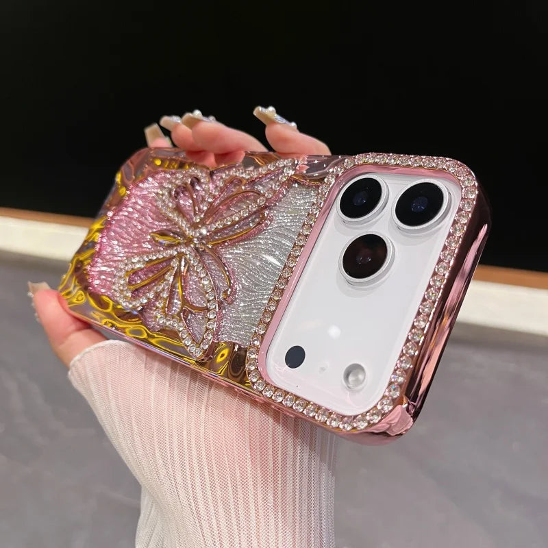 3D Bling Glitter Butterfly Gradient Diamond Phone Case For iPhone 17 Air 16 15 14 13 12 11 Pro Max Plus Plating Shockproof Cover