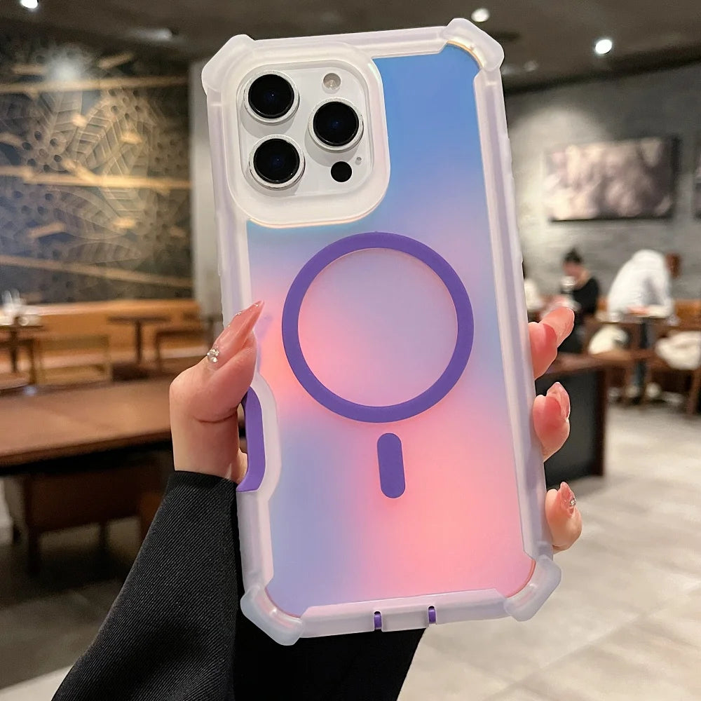 Luxury for Magsafe Laser Dazzling Armor Case For iPhone 17 16 15 14 13 Pro Max Wireless Charging Dual Layer Protection Cover