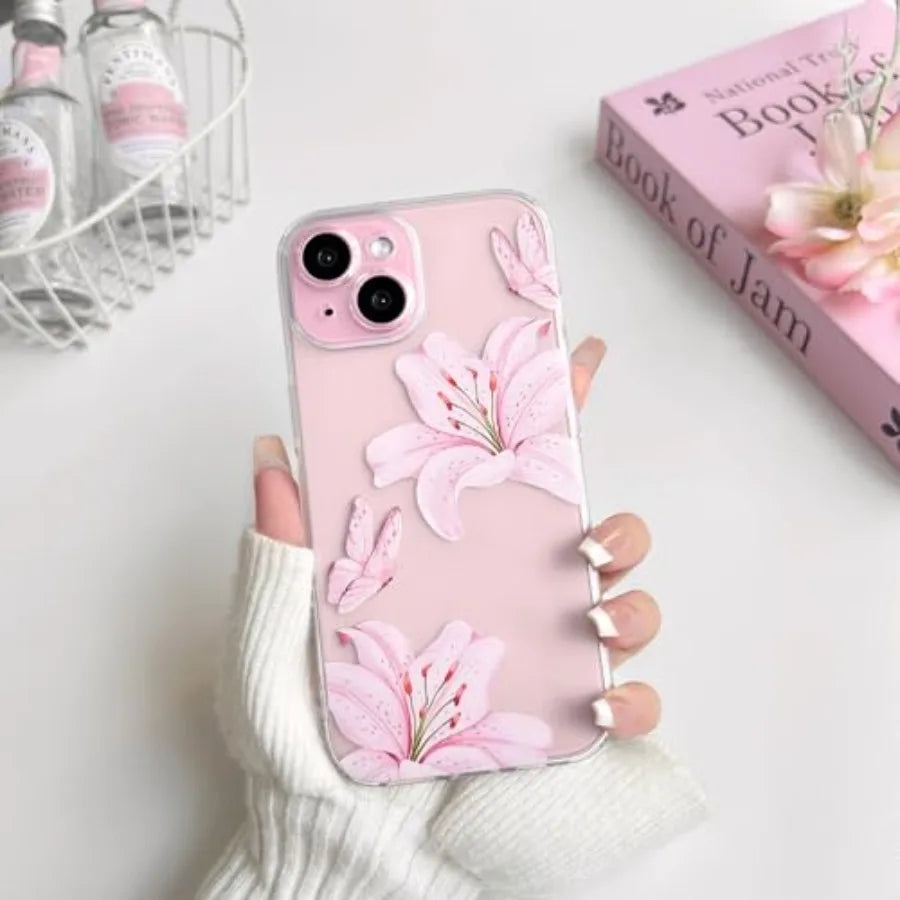 Compatible with iPhone 15 Case Clear Cute Butterfly Lily Flower Floral Pattern for Women Girls Full Camera Lens Clear Slim Shoc