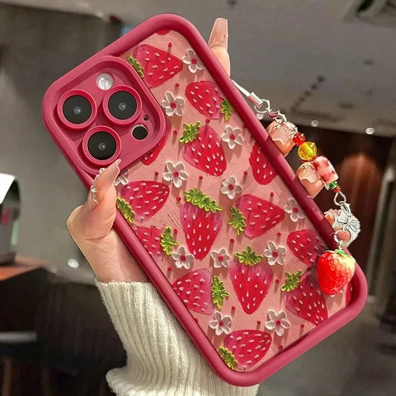 Red Strawberry With Pendant Case For Iphone 17 16 Pro Max 17 Air 16e 15 14 13 12 11 Pro Max  14 15 16 Plus Summer Fruit Casing