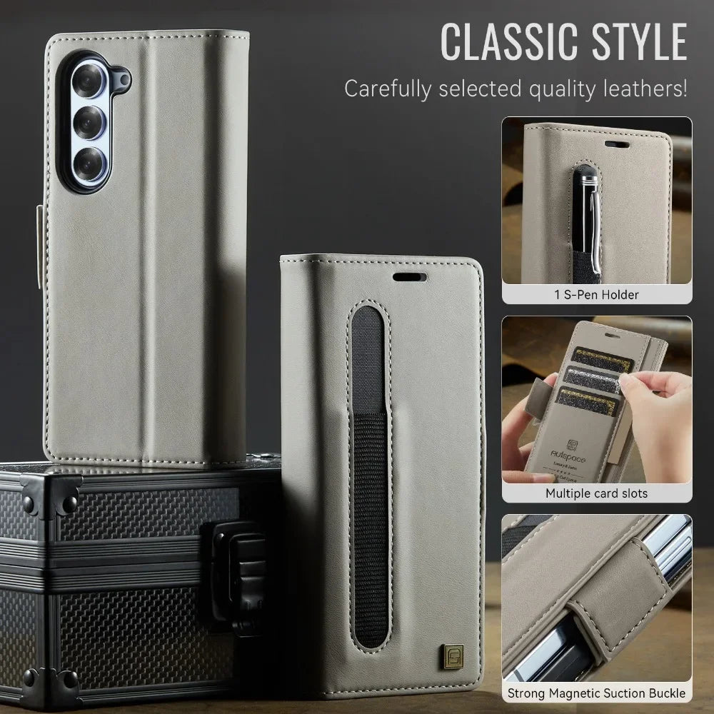 Flip Wallet with Pen Holder Leather Phone Case For Samsung Galaxy Z Fold 7 6 5 Fold6 Fold5 RFID Blocking Crad Slot Holder Cover
