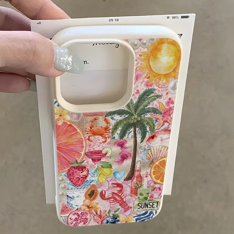 Summer Beach Party Collage Pattern Lychee Texture Phone Case For iPhone 11 12 13 14 15 16 17 Pro Max 14 15 Plus 17Air Soft Cover