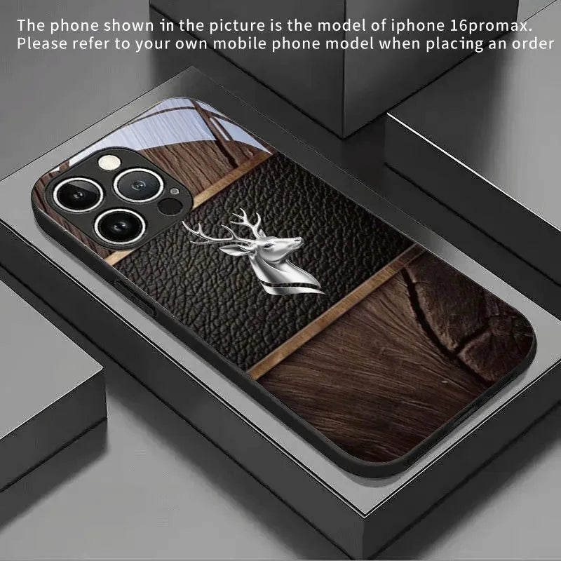 Curved Deer Head Pattern Tempered Glass Black Phone Case For Samsung Galaxy S25 S24 S23 Ultra Plus FE Shockproof Cover
