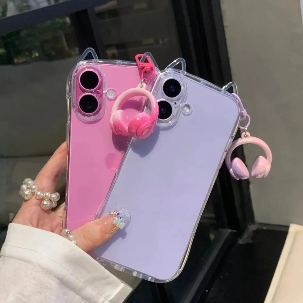Fashion Clear 3D Cute Cat Ears Phone Case For iPhone 17 Air 16 E 15 14 13 12 11 Pro Max Mini 17 Pro Shockproof Soft TPU Cover