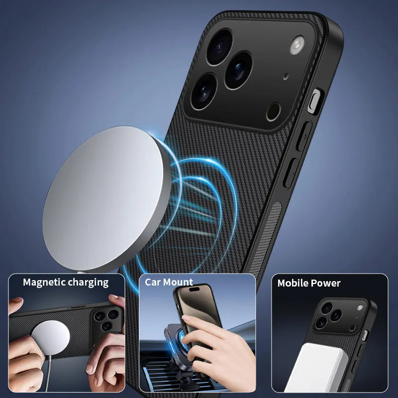 Magnetic Carbon Fiber Texture Phone Case For iPhone 17 Air 16 15 14 13 Pro Max 16E For Magsafe Protective PC Back Cover