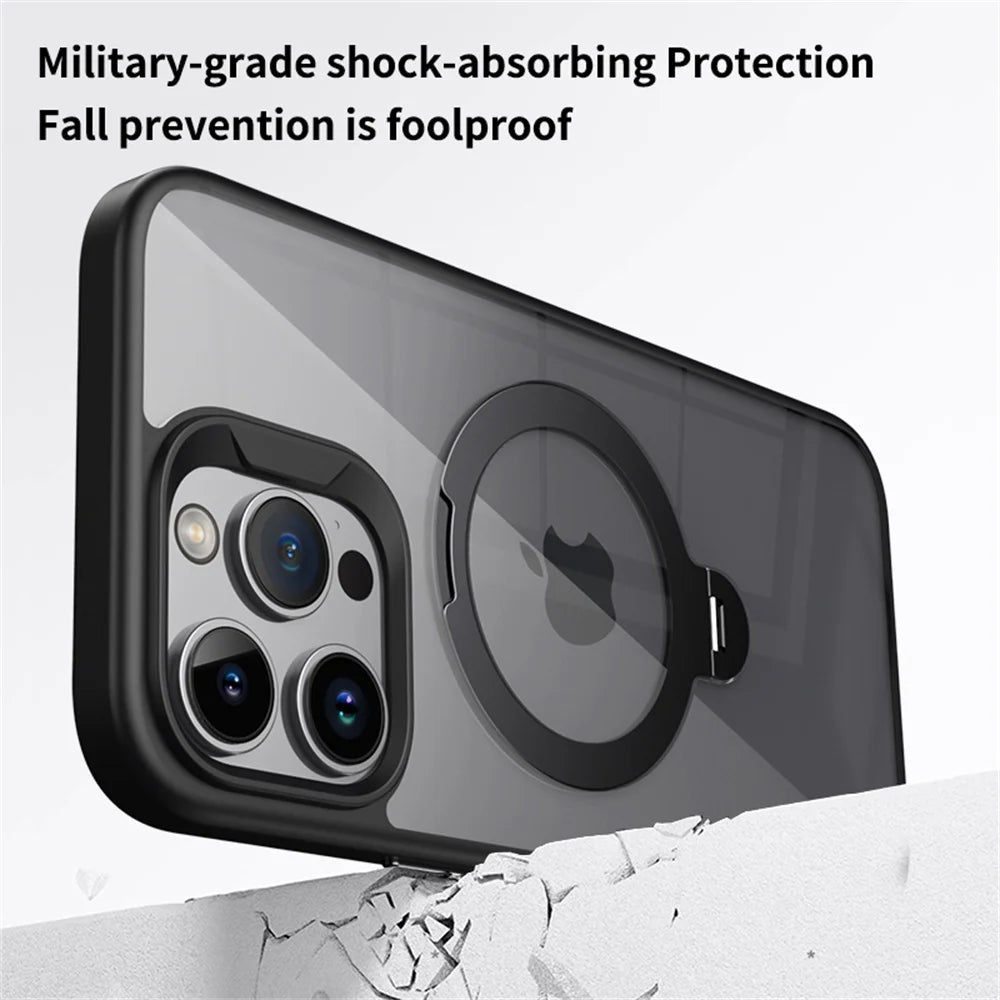 Rotating Folding Stand Clear Magnetic Phone Case For iPhone 12 13 14 15 16 17 Pro Max Swivel Holder TPU Bumper Acrylic Cover