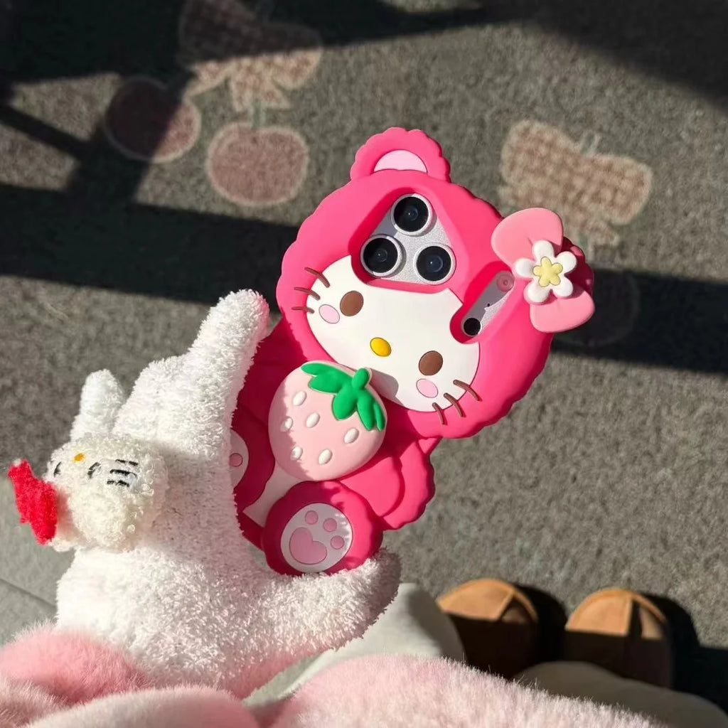 For iPhone 17 Promax 16 15 14 13 12 Pro Max Phone Case 3D Sanrio Hello Kitty Strawberry Cartoon Y2k Soft Silicone Cover