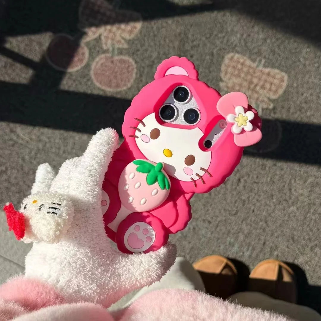 For iPhone 17 Promax 16 15 14 13 12 Pro Max Phone Case 3D Sanrio Hello Kitty Strawberry Cartoon Y2k Soft Silicone Cover