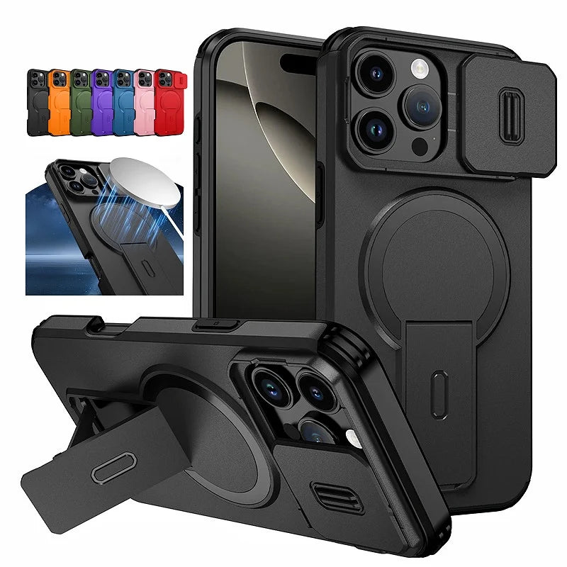 For Magsafe Magnetic Wireless Charging Case For iPhone 16 15 14 13 12 11 Pro Max Plus 16e Armor Stand Slide Lens Protector Cover