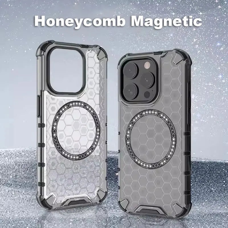 Magnetic Case for iPhone 16 15 14 13 12 11 Pro Max Plus Crystal Honeycomb Cover for Magsafe Shockproof Air-cushion Soft Shell
