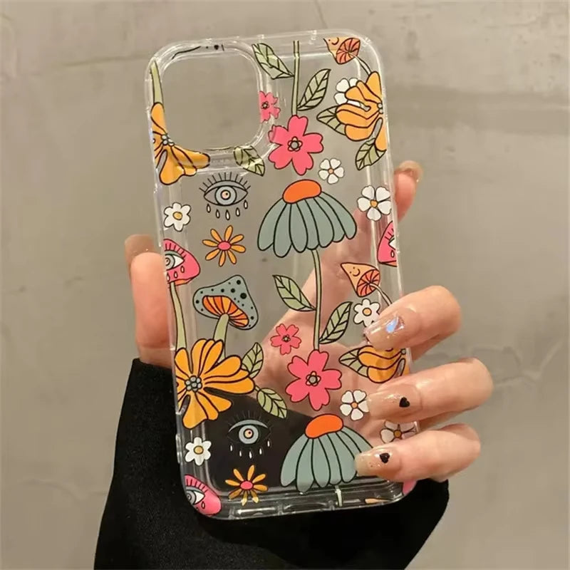 Cute Retro Cartoon Eyes Mushroom Floral Print Clear Phone Case For iPhone 17 16 15 14 13 12 11 Pro Max Cell Phone Funda