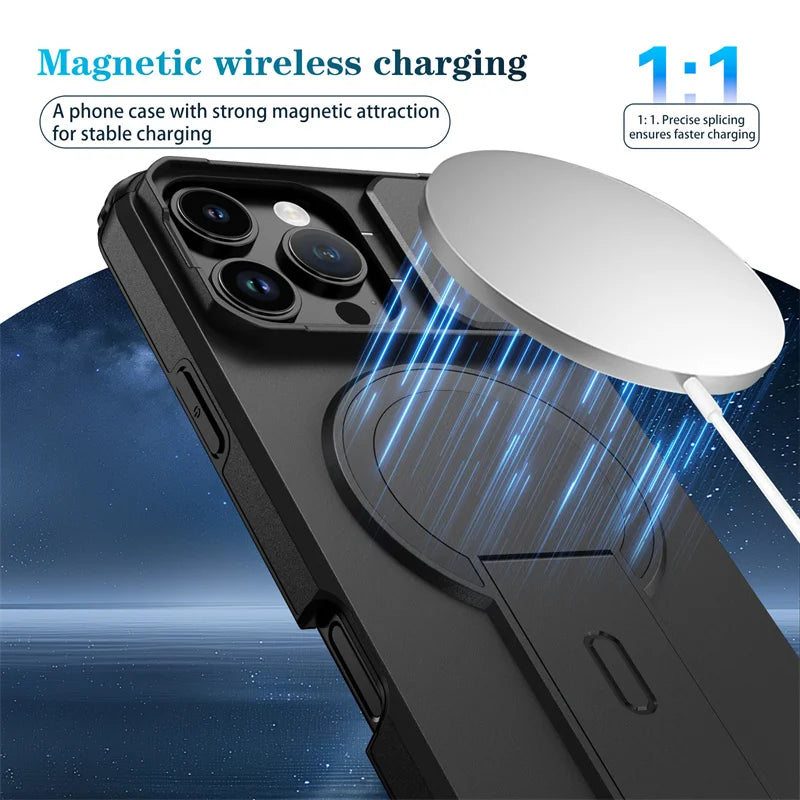 For Magsafe Magnetic Wireless Charging Case For iPhone 16 15 14 13 12 11 Pro Max Plus 16e Armor Stand Slide Lens Protector Cover