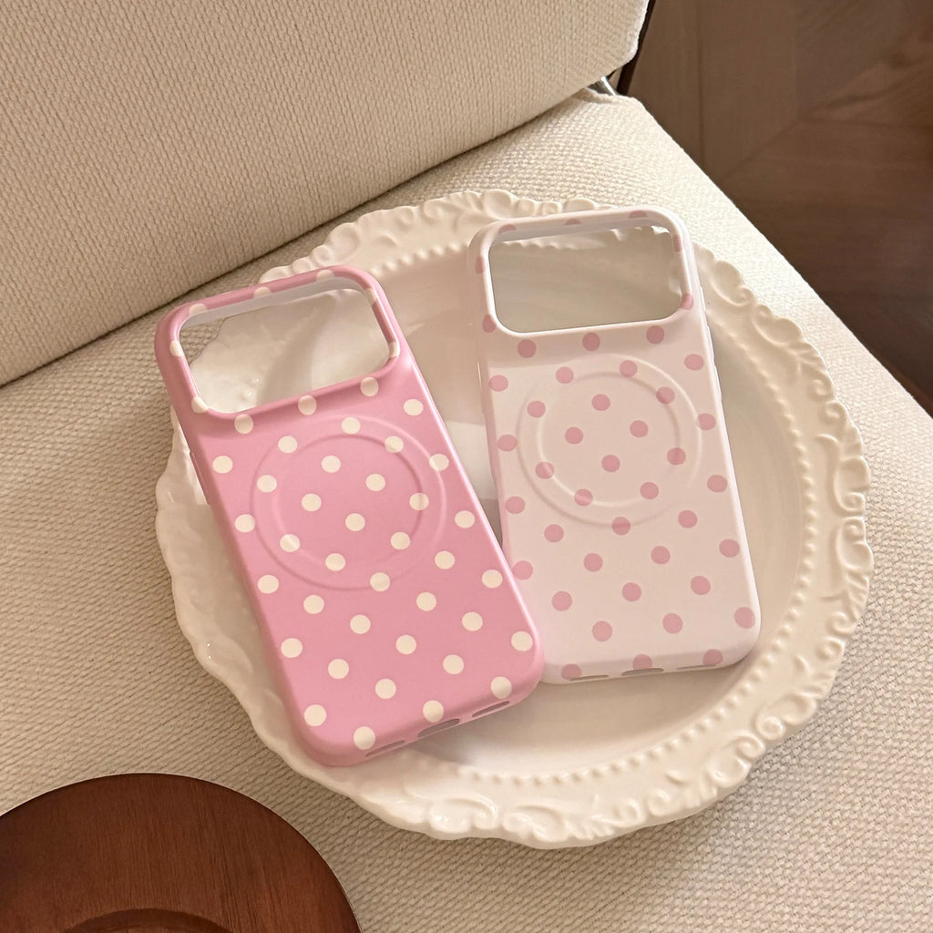 Korean Full Screen Polka Dots Pattern Magnetic Phone Case For iPhone 17 16 15 14 Pro Max Wireless Charging Shockproof Soft Cover