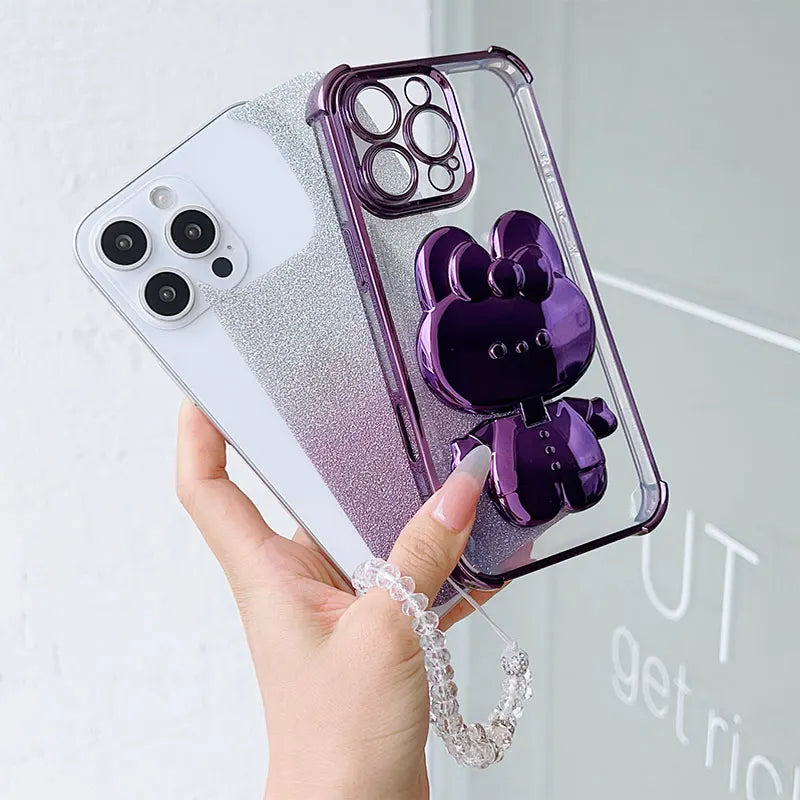 Luxury Shockproof Phone Case with Cute Rabbit Makeup Swivel Stand Crystal Lanyard For Honor X5c Plus X5b X6c X6a X6b Back Cover