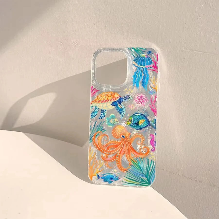 Marine Animals Illustration Phone Case for iPhone 11 13 14 15 16 17 Pro Max 7 8 14 15 Plus X XS XR 16e Air Feather Texture Cover