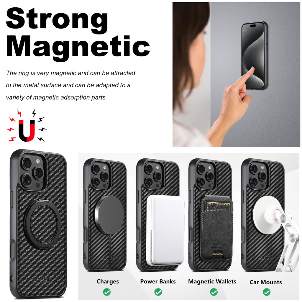 Magnet Wireless Charging Mobile Phone Case 360° Rotating Stand Faux Leather Ring Buckle For iPhone 17 Pro Max 16 Plus 15 14 13