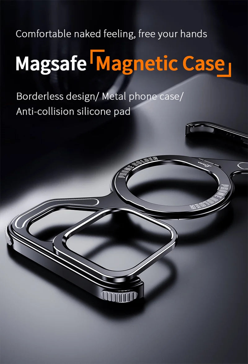 Metal Z Type Magnetic Case for iPhone 17 16 15 14 Pro Max Aluminum Alloy Rimless MagSafe Snap-on Bracket Shockproof Phone Cover