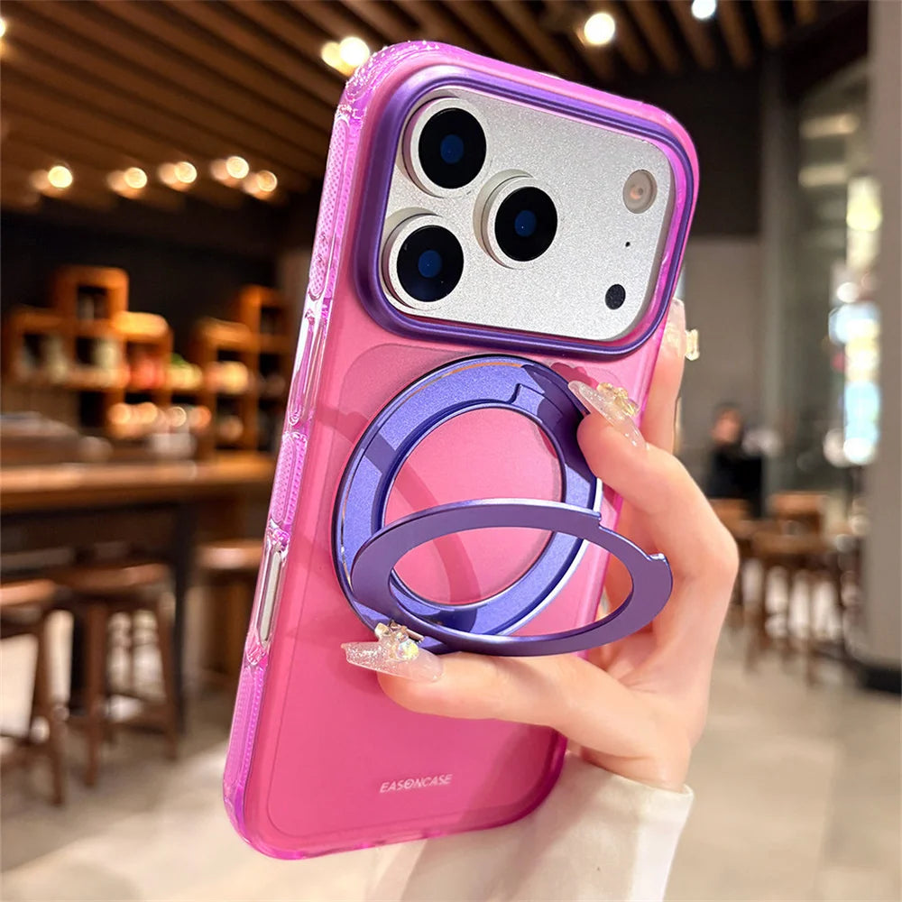 Magnet Holder Rotating Magnetic Stand Phone Case For iPhone 16 17 Pro Max Matte Translucent Shockproof Clashing Color Back Cover