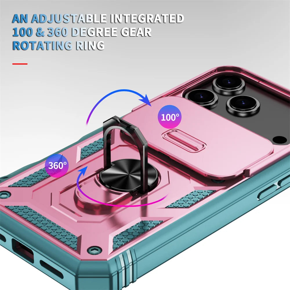 360 Ring Holder Kickstand Slide Camera Protection Phone Case for iPhone 17 Air 16 16E 15 14 Plus 13 12 11 XS X XR Pro Max Cover
