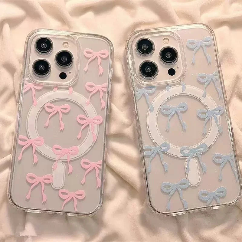 Ins Korea Girl Full Screen Pink Blue Bow For Magsafe Phone Case For iPhone 11 12 13 14 15 16 17 Air Pro Max Plus MINI Y2K Cover