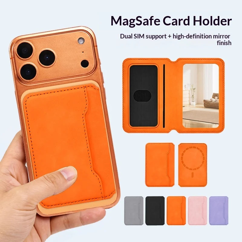 Thin Leather Wallet Magnetic Cellphone Card Holder For IPhone 12 13 14 15 16 17 Pro Max For Magsafe Bring Your Own Makeup Mirror