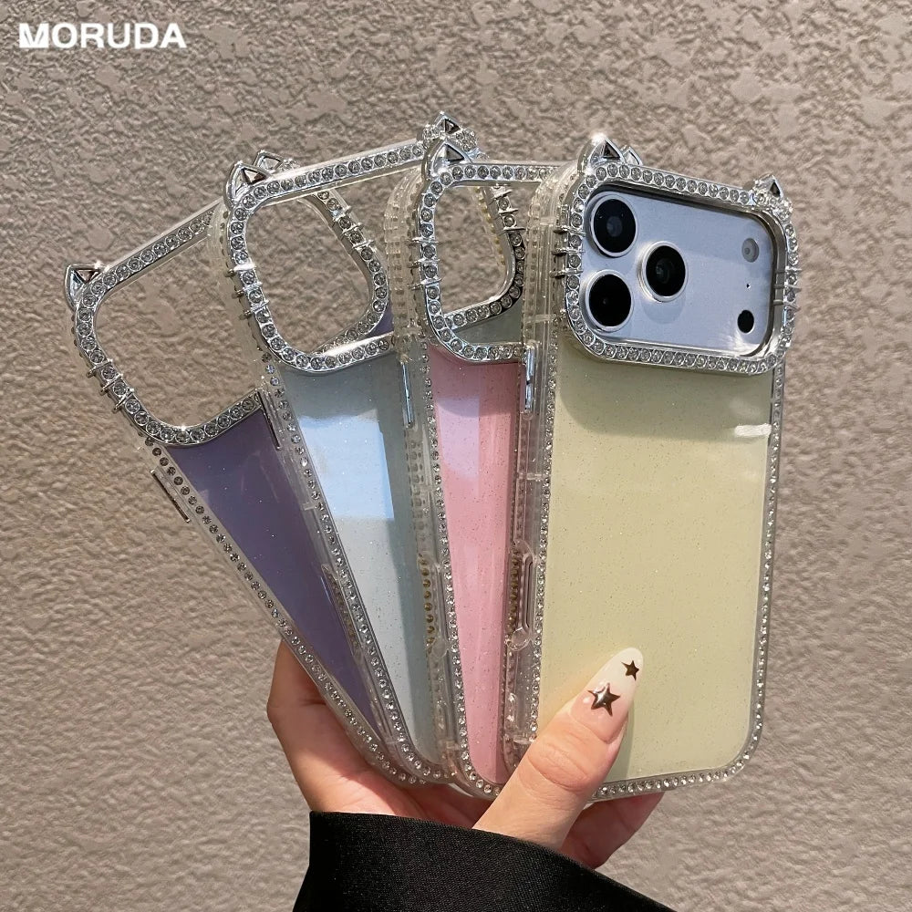 Cute Cartoon Cat Ear Glitter Diamond Case for iPhone 17 16 15 Pro Max 14 Plus 11 12 13 Plating Bling Shockproof Ins Back Cover