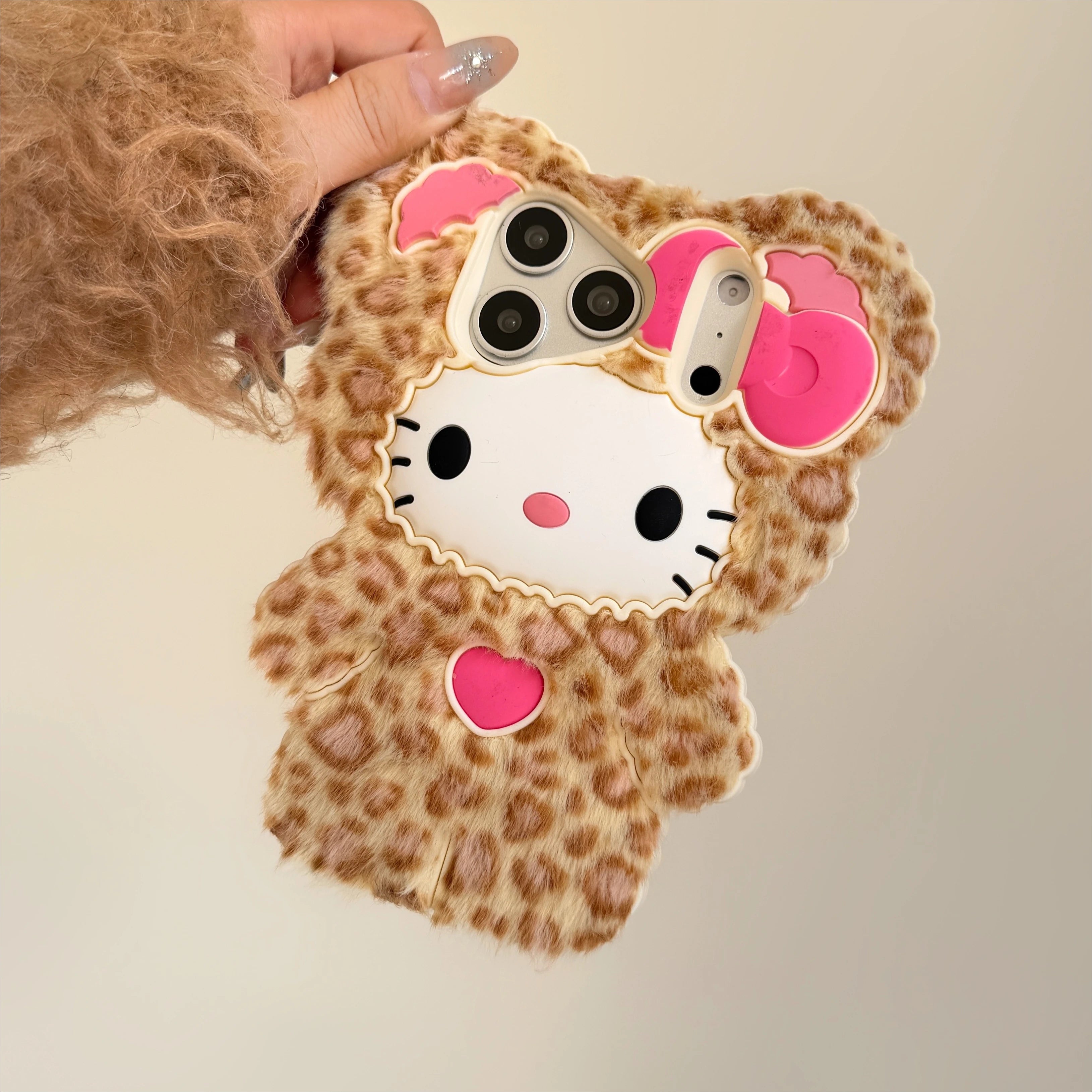 Cute Fluffy Leopard Print Hello Kitty Phone Case For iPhone 17 16 15 14 13 12 Pro Max Plus 17 Pro Cartoon Plush Kitty Back Cover