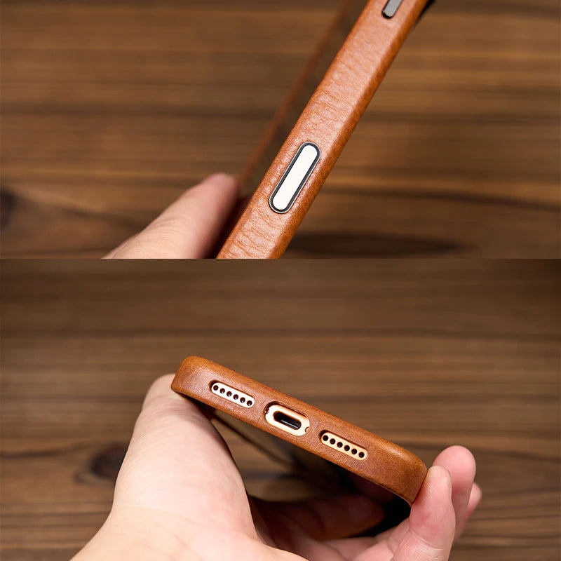 Italian Cow Leather For iPhone 17 Pro Max Case Leather Phone Back Cover For iPhone 17 Pro Max Magnetic Camera Button Brown Blue