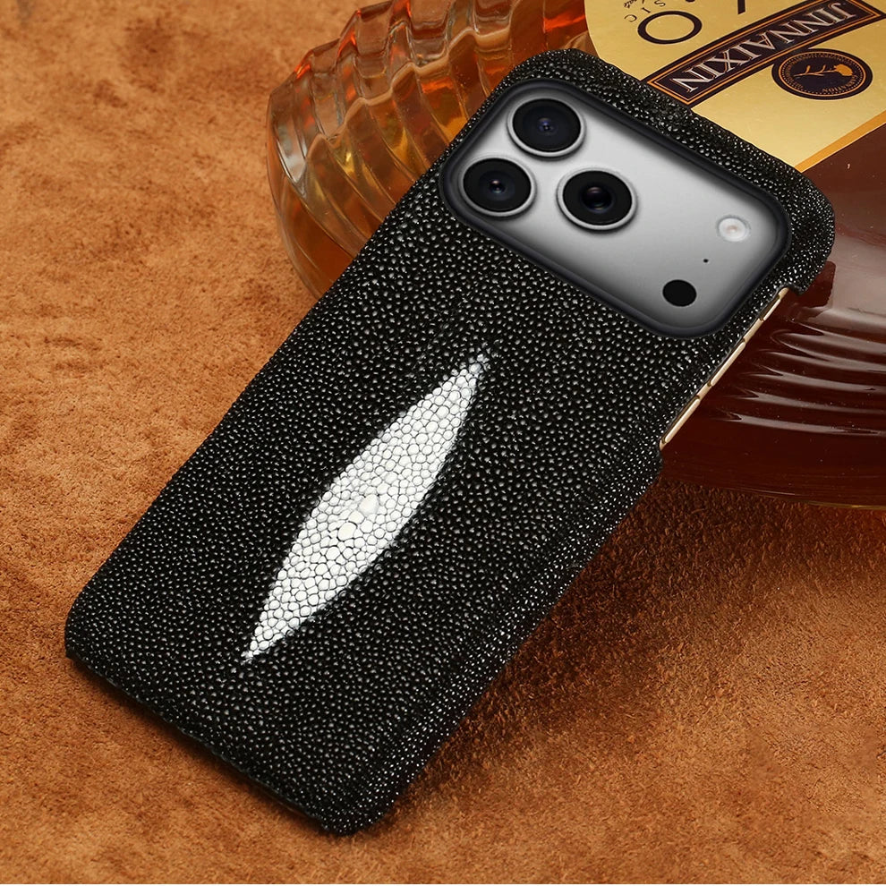 Genuine Stingray Leather Phone Case for iPhone 16 15 12 13 14 17 Pro Max Air Plus 17Pro 16Pro 11 Promax Luxury Shockproof Cover