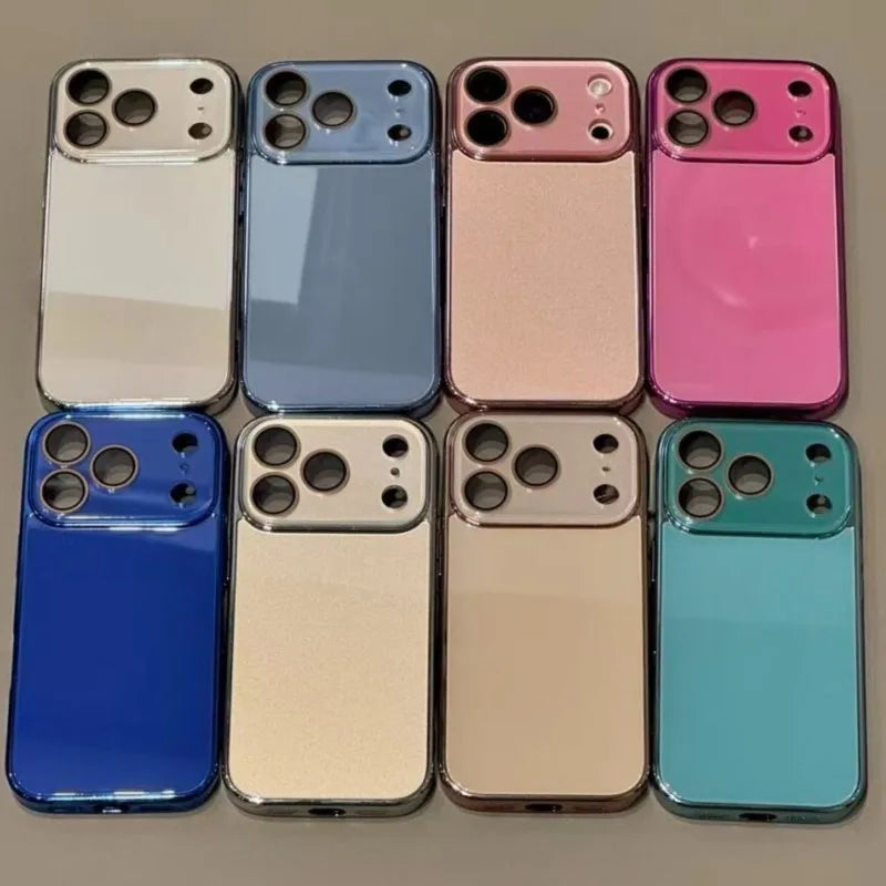 Luxury Tempered Glass Glossy Case for iPhone 17 16 15 Plus 14 13 12 Pro Max Plating Bumper Shockproof Hard Back Lens Cover Funda