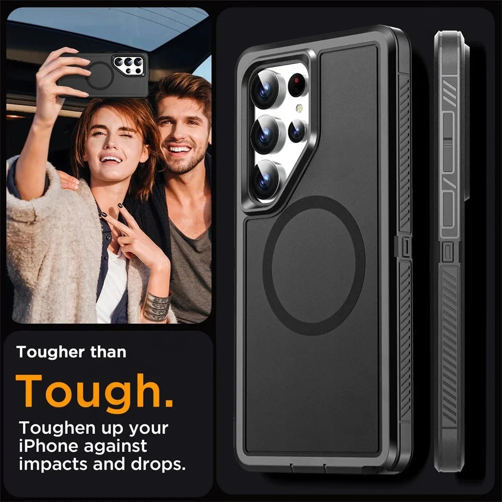 Tough Matte Anti-Slip Silicone + PC Case For Samsung Galaxy S26+ S25 S24 Plus S23 S22 Ultra Magnetic Wireless Charging Cover