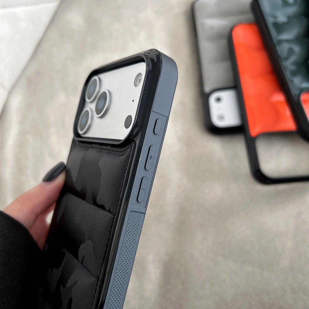 3D Camouflage Down Jacket Phone Case for iPhone 17 Air 16 15 14 13 Pro Max Plus 13Mini Air-cushion Shockproof Soft Fabric Cover