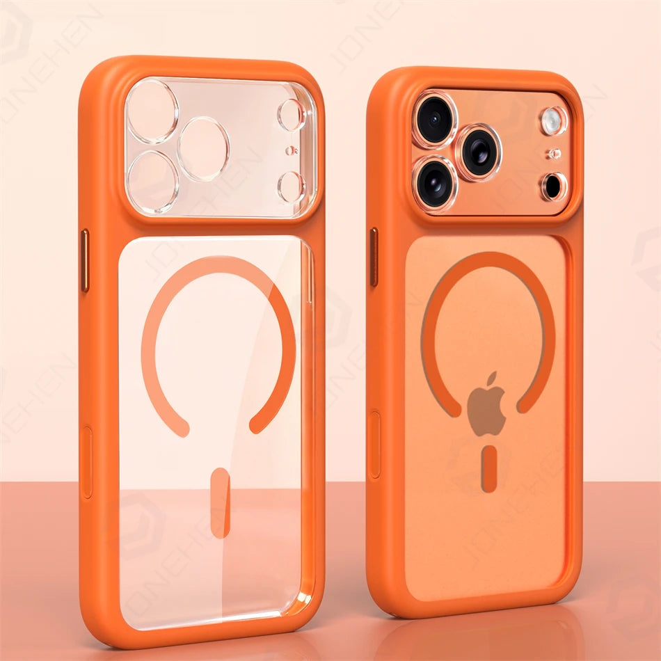 Magnetic Business Simplicity Shockproof Orange Bumper Camera Button Case For iPhone 17 16 15 14 Pro Max Clear Cover For Magsafe