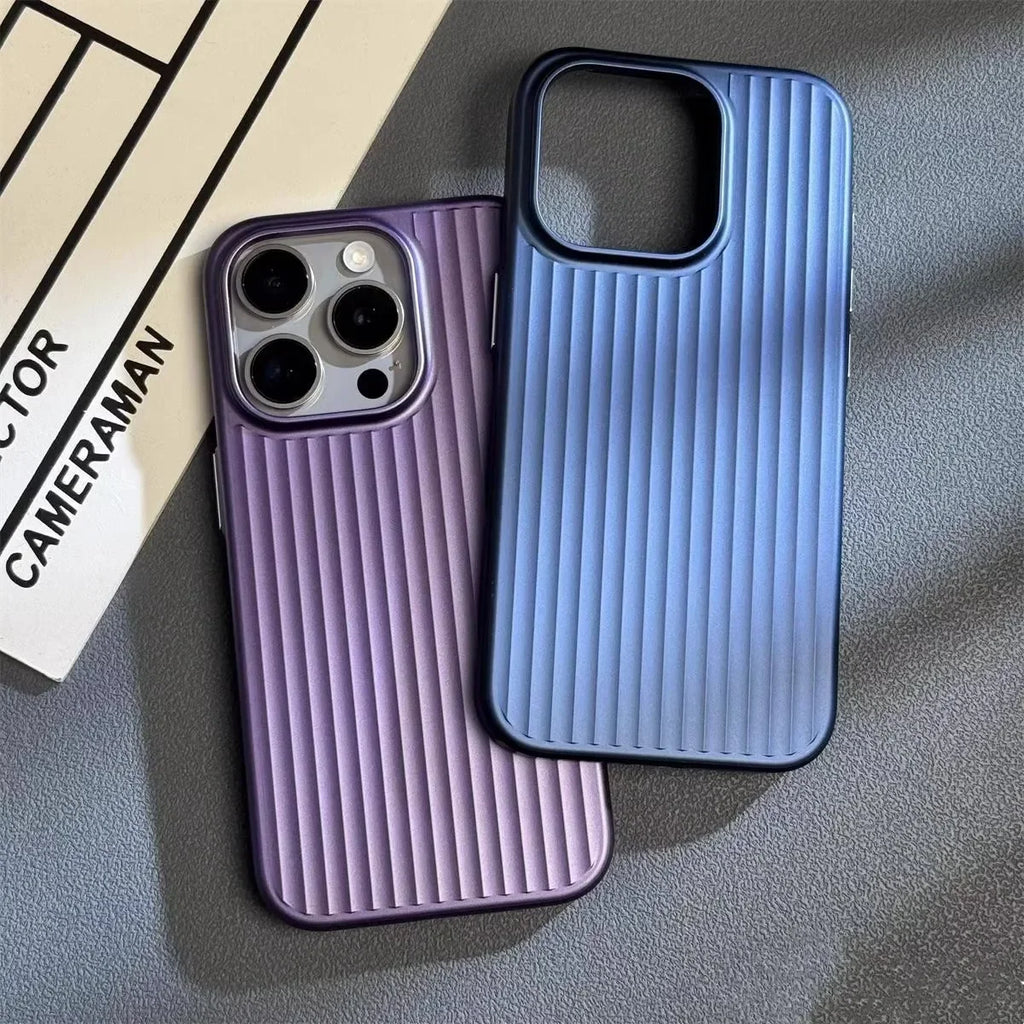 Luxury Natural Titanium PC Phone Case For iPhone 15 14 13 Pro Max Plus Electroplated Grating Corrugated Hard Back Cover