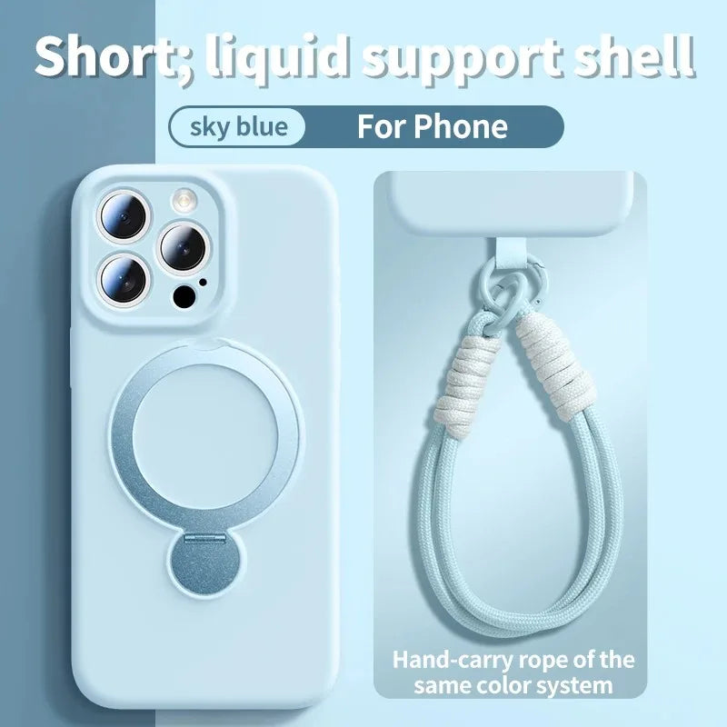 Silicone Lanyard Magnetic Phone Case For iPhone 17 Pro 16 13 15 14 Pro Max Air For Magsafe Wireless Charging Bracket Phone Cover