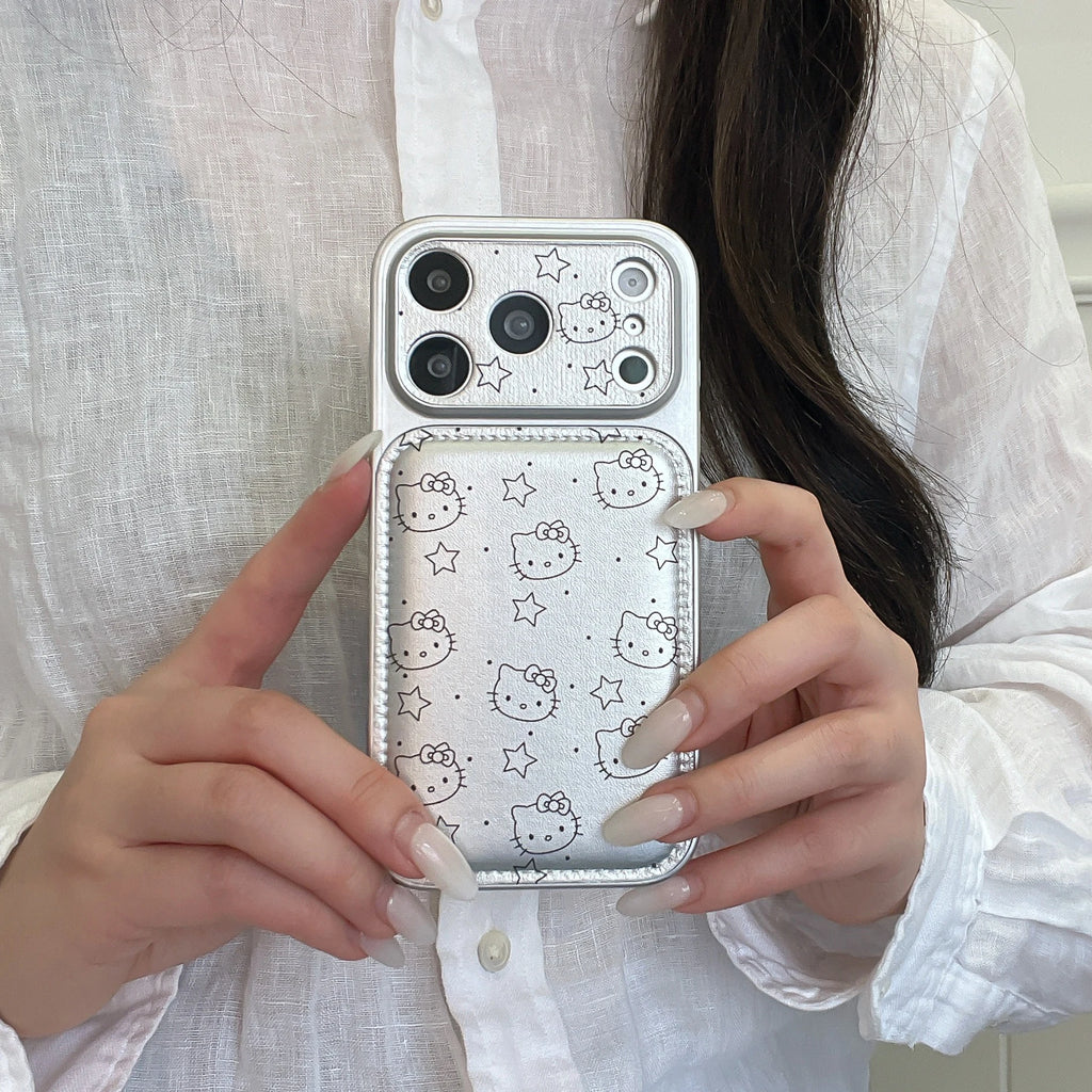 Luxury Cute Silver KT Cat Leather Case Phone Case For iPhone 17 Pro Max 16 Pro 15 14 Pro Max Case Shockproof Protective Cover