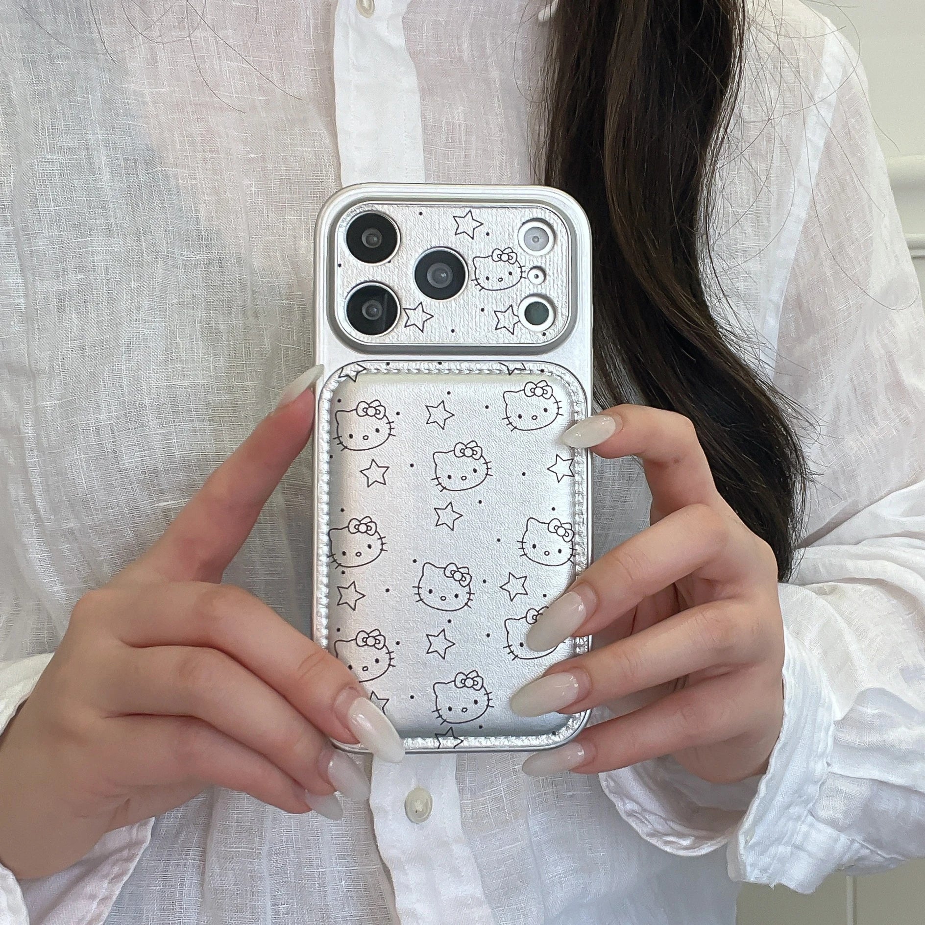 Luxury Cute Silver KT Cat Leather Case Phone Case For iPhone 17 Pro Max 16 Pro 15 14 Pro Max Case Shockproof Protective Cover