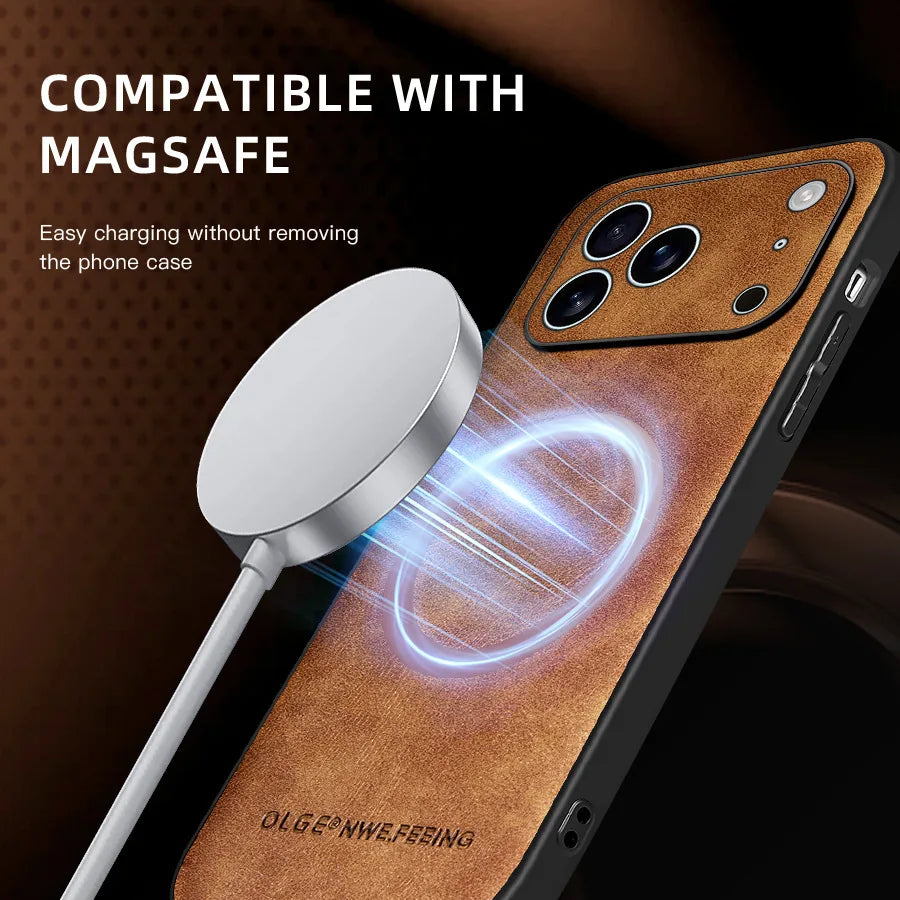 Classic Leather Phone Case For iPhone 16 11 12 13 15 17 Pro Max 16E 14 Plus 17 Air For Magsafe Magnetic Charging Protector Cover